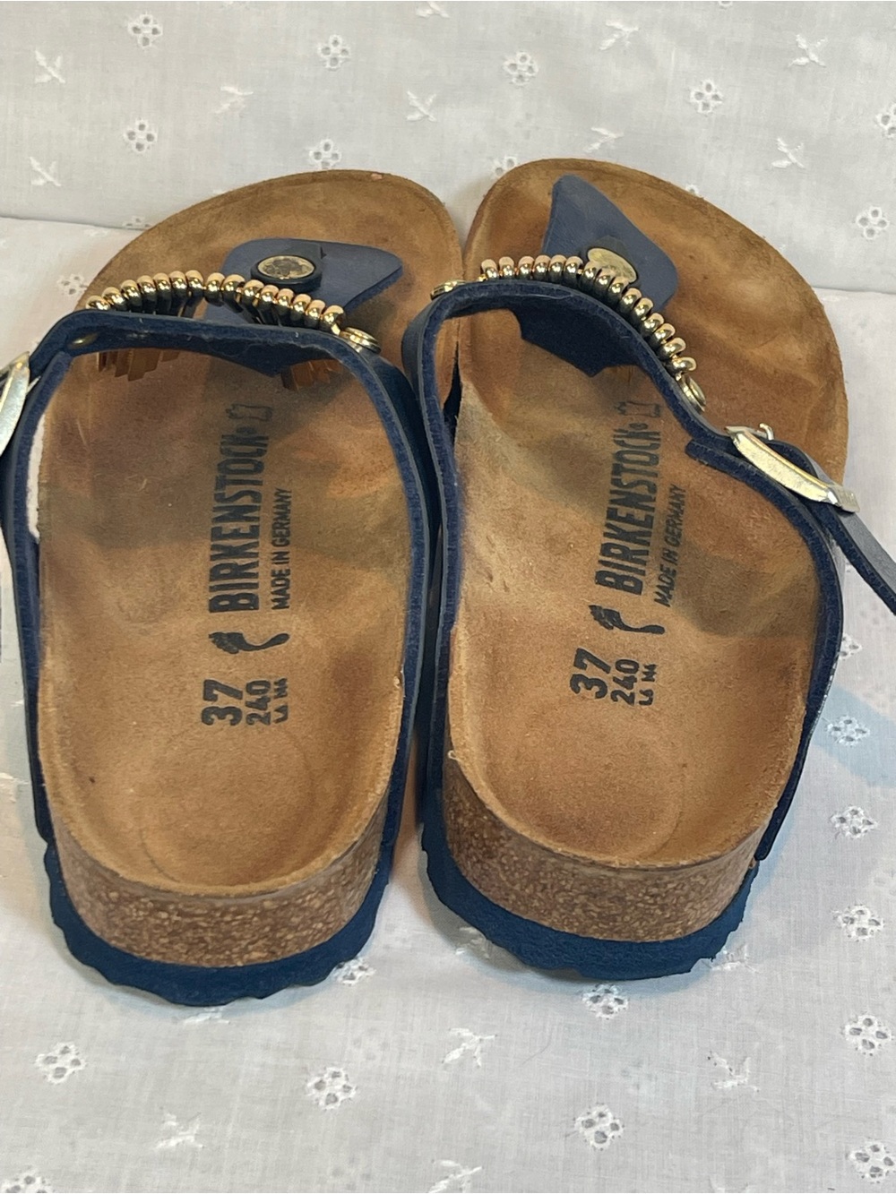 Birkenstock Navy Metalic T-Strap Sandals with Gold Metal Fringe Accents - Picture 2 of 8